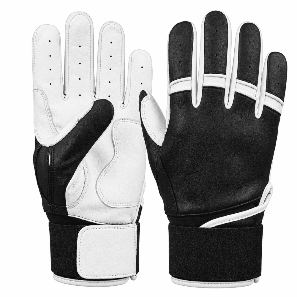Black and white custom baseball batting gloves with reinforced palm and adjustable wrist strap