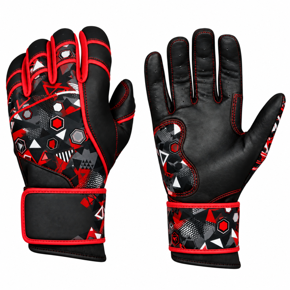 Custom red and black baseball batting gloves with wrist closure